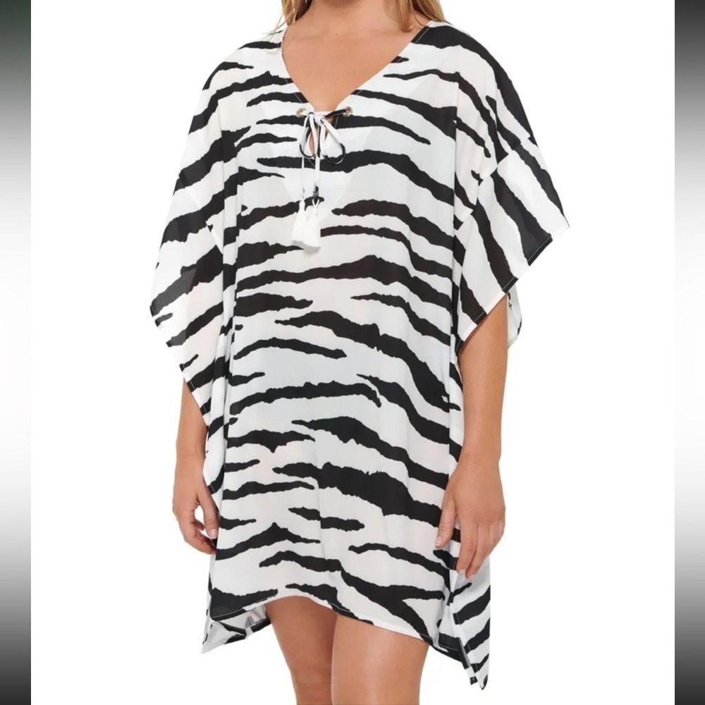 Dotti Women's Cover-Up Caftan Zebra-Printed Lace-Up White Size Medium